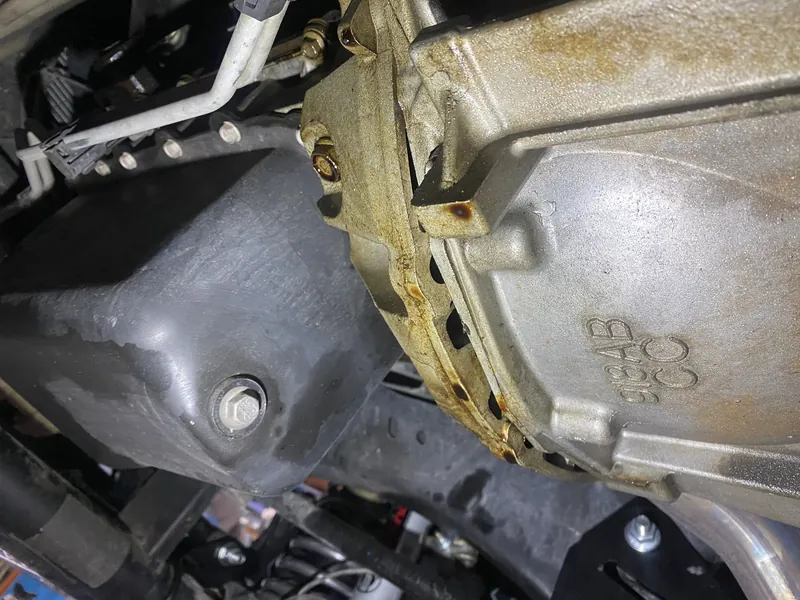 Close view of a drivetrain housing in the workshop